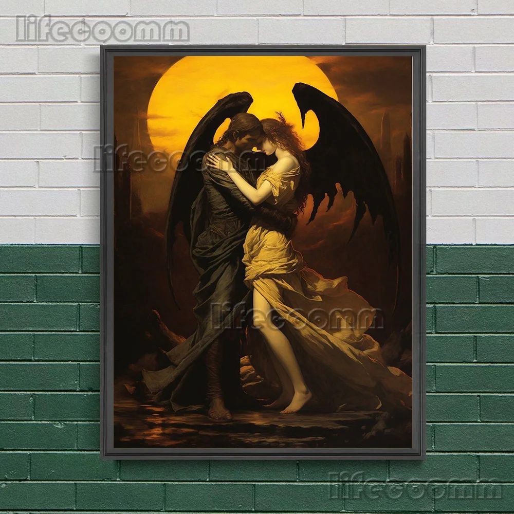 Fallen Angel Devil And Woman Kiss Vintage Wall Art Canvas Painting Devil Demon Gothic Romance Art Poster And Print Home Decor