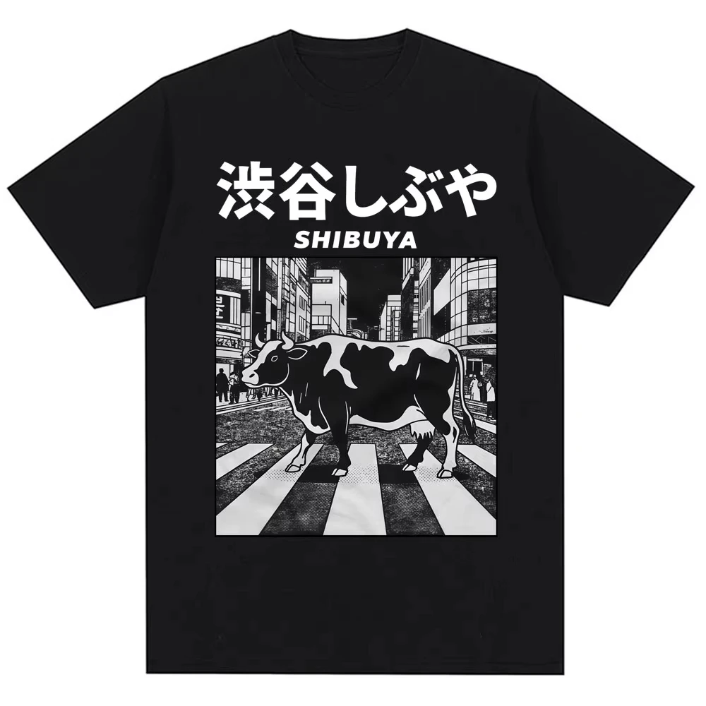 Japanese Style 90s Shibuya Cow Graphic Vintage T Shirt Harajuku Tokyo Men Women Fashion T-shirt Oversized Cotton Casual T Shirts