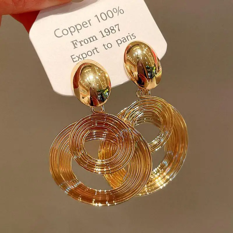 Exaggerated Long Multilayer Circle Drop Earrings For Women Metal Earing Jewelry 2024 Trending Vintage Big Gold Color Earrings