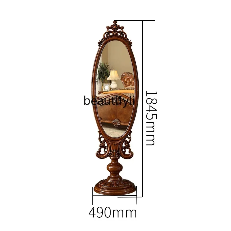 ss 8617American full-length mirror pure solid wood living room bedroom double-sided, French retro carved floor mirror can be rot