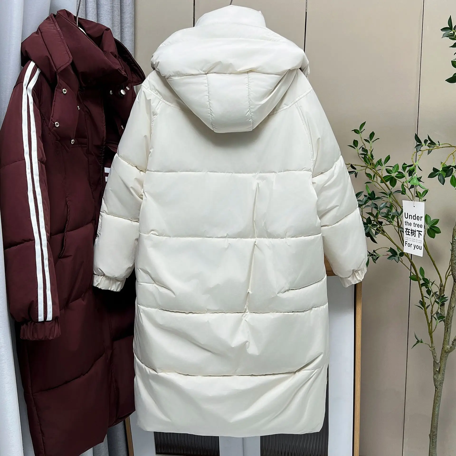 Plus Size Women X-Long Parka Winter New Loose Hooded Preppy Style Fashion Sleeves Two White Stripe Cotton-padded Jacket 8908