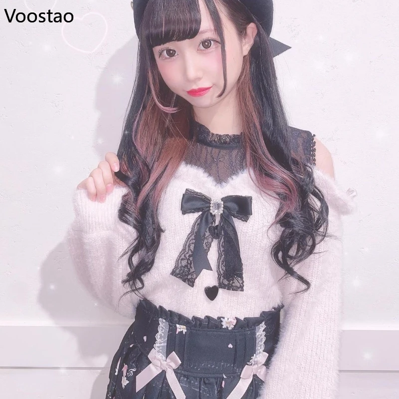 Autumn Winter Sweet Lolita Pullovers Women Off Shoulder Bow Sweaters Female Elegant Long Sleeve Knitwear Harajuku Bow Lace Tops