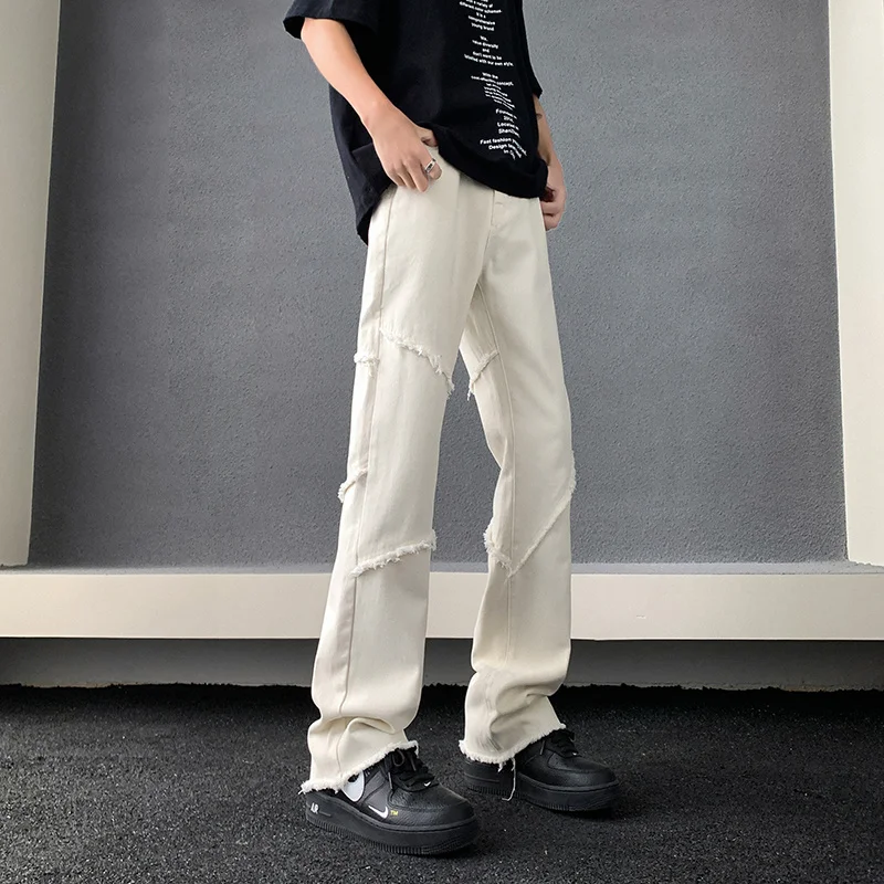 

New Men's Jeans White Black Rough Eedge Spliced Cotton Long Straight Trousers Fashion Pants Korean Style for Men