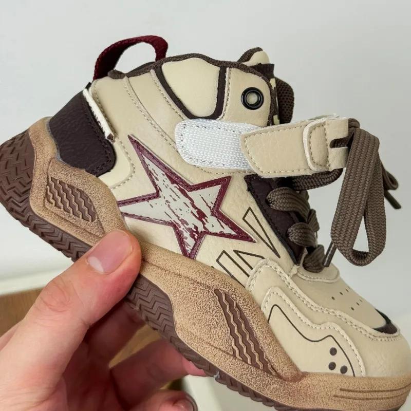 Autumn new khaki boys' mid to high top basketball shoes girls' retro distressed color fashionable sports shoes Kids dad shoes