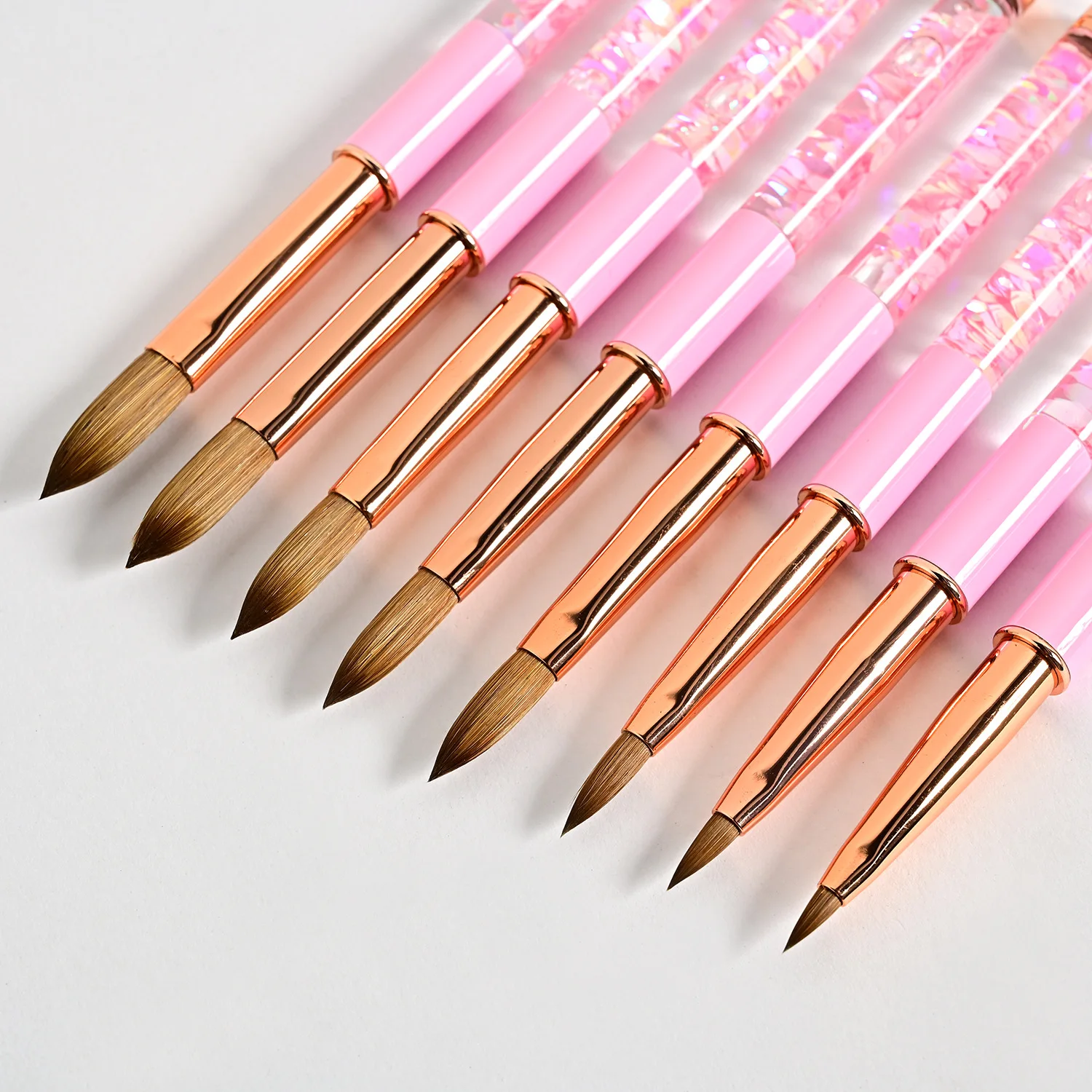 Manicure Tools 1Pcs Kolinsky Acrylic Nail Art Brush Pink Crystal Handle UV Gel Glitter Drawing Painting Carving Flower Pen