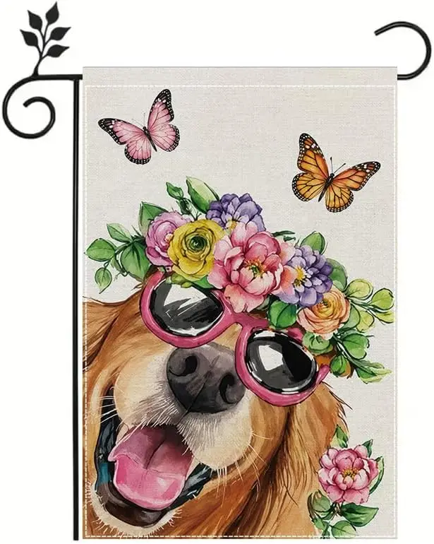 Garden Flag 12x18 Inch Dog Garden Flag Floral Puppy with Sunglasses Spring Summer Outdoor Yard Flag Double Sided Polyester D kkz