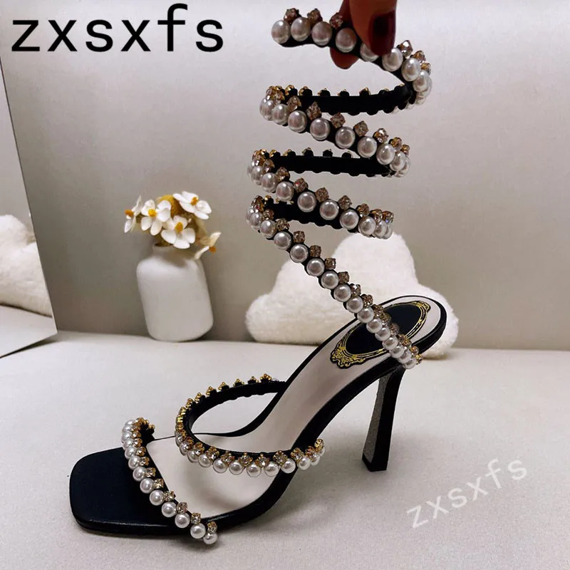 

2022 Luxury Pearl Crystal Thin High Heel Women Sandals Square Toe Leather Slip On Slides Summer Ladies Runway Shoes Woman Mujer