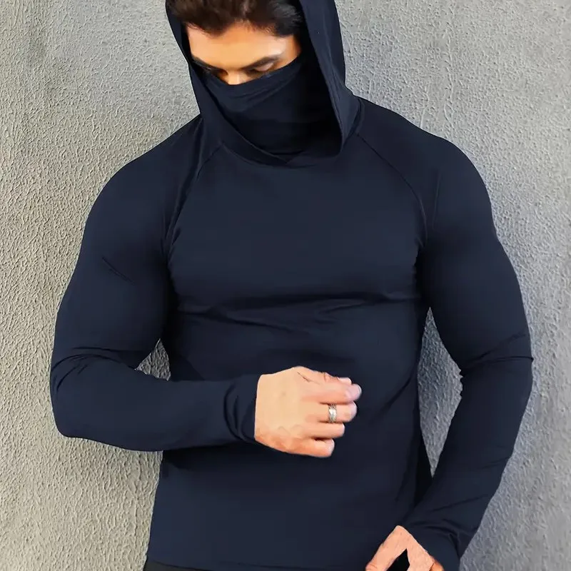 Hooded Mask Hiking Biking Men Long Sleeve t Shirt Elastic Sports Bottom Cloth Running Jogging Dry Fit Sportswear Gym Cool Tops