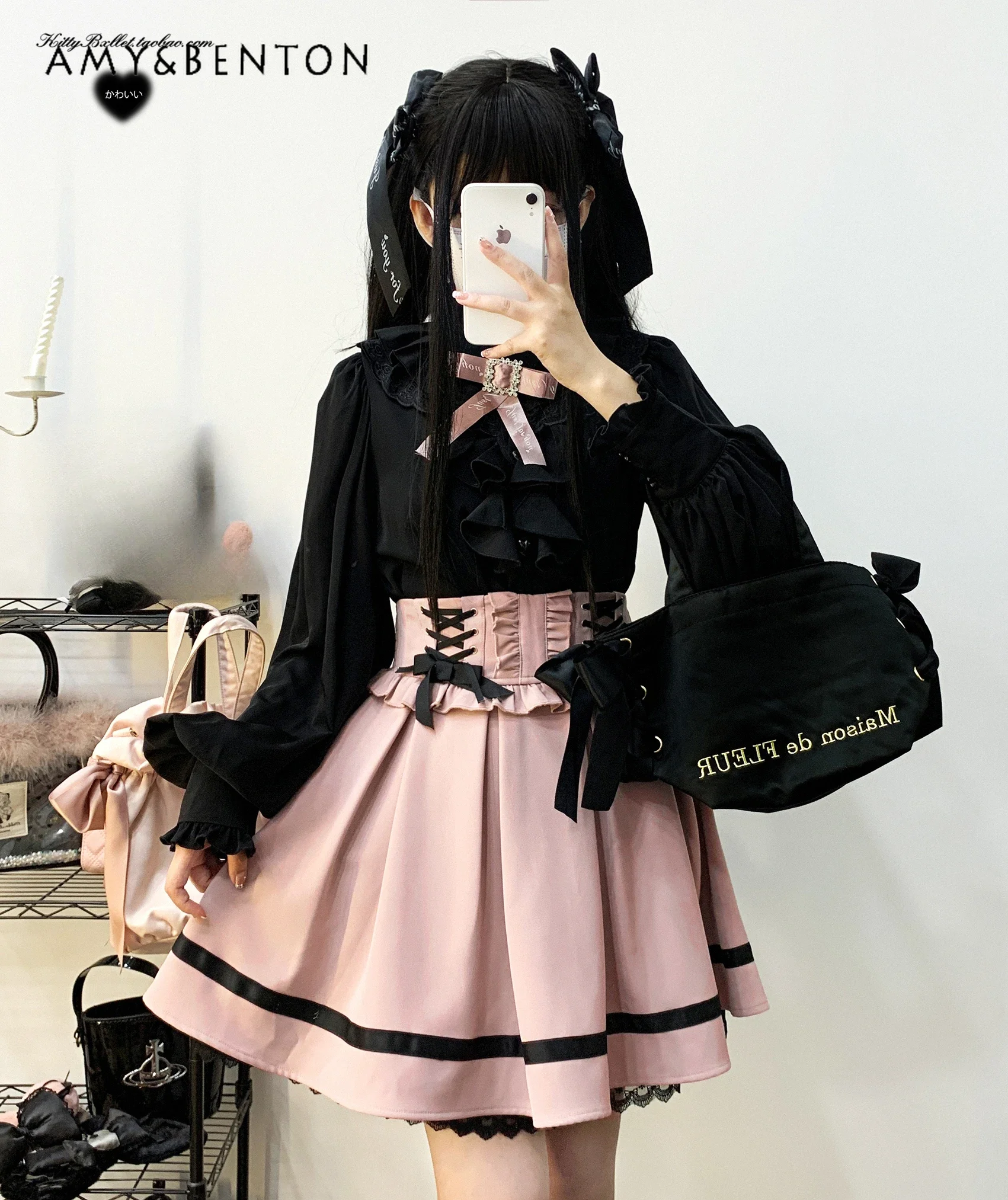 

Japanese Sweet Girl Cute Bow Lace-up Skirt Autumn Kawaii Lace Stitching High Waist Mini Skirts Mine Ball Gown Skirt Black Skirt