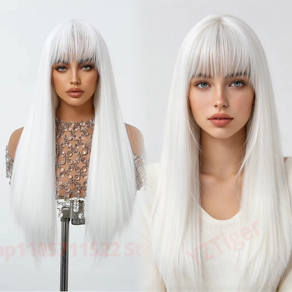 White Long Straight Wig with For Women Bangs Heat Resistant Natural Synthetic Wigs for Halloween Anime Cosplay Party Daily Use