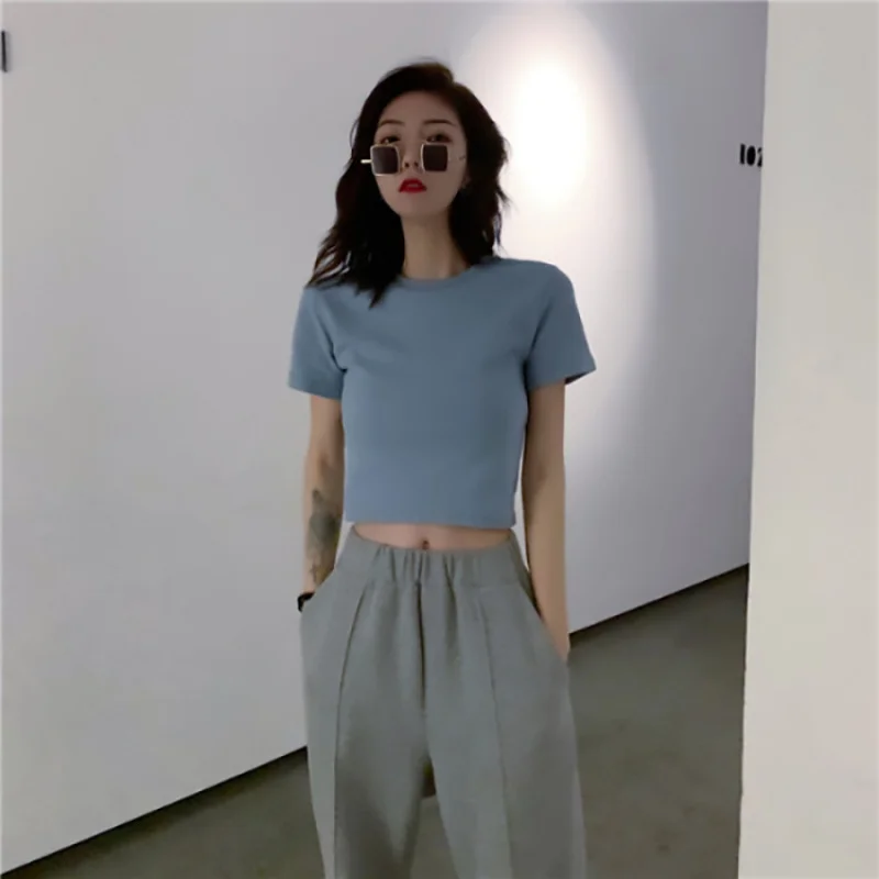 

Short Style Exposed Navel Solid Color Short Sleeved T-Shirt For Women'S Summer New Style Spicy Girl Slim Fit White Top Fashionab