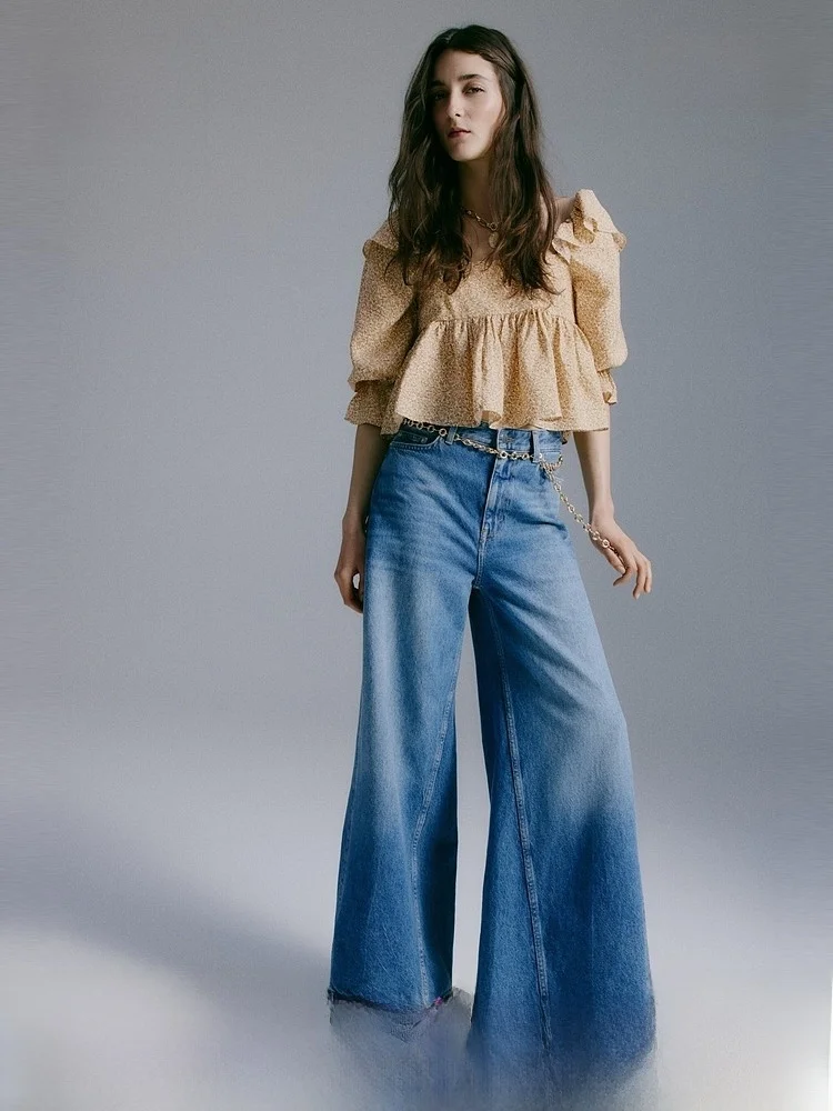 

Spring New Arrival Women's irt Ruffle Hemline Vintage Sle Long Sve Nylon And Viscose Fiber Square Collar Casual Top