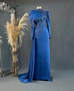 Aso Ebi-Robe de soirée perlée à manches longues pour femmes, appliques florales 3D bleues, fête de mariage musulmane de Dubaï, quel que soit le 2024, robe éducative de gala