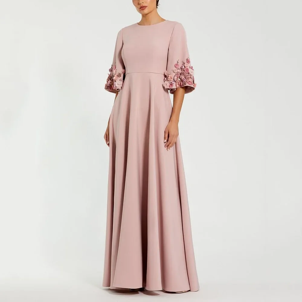 

Elegant Pink Formal Evening Dress O-Neck Half Sleeve 3D Flowers A-line Satin Prom Celebrity Party Gowns Saudi Robe De Soirée