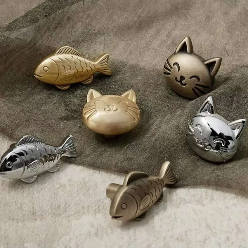 Cute Animals Cabinet Handles for Children's Room Brass Panda Cat Fish Rabbit Creative Drawer Knobs Silver Cupboard Door Pulls