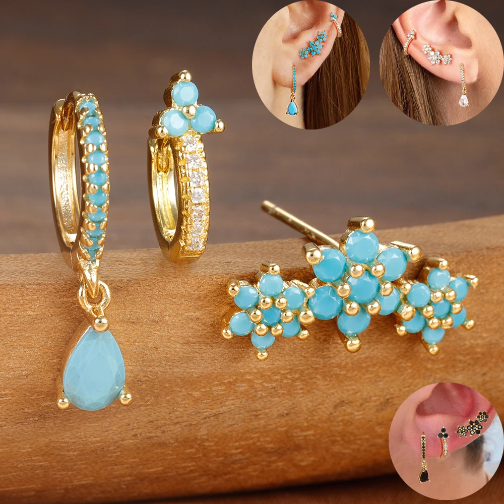 3PCS Luxus Zirkon Wasser Tropfen Ohrringe Set Für Frauen Edelstahl Blume Anhänger Hoop Ohrring Ästhetischen Hochzeit Jewerly