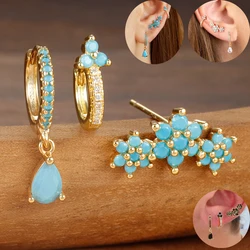 3PCS Luxury Zircon Water Drop Earrings Set For Women Stainless Steel Flower Pendant Hoop Earring Aesthetic Wedding Jewerly