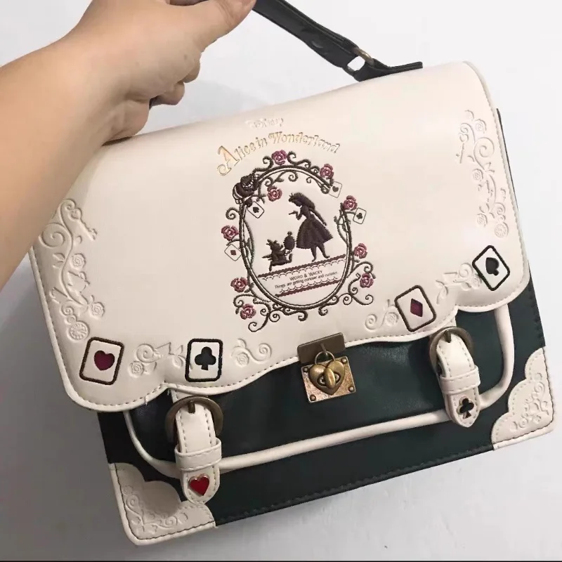 New Alice Women Backpack Axes Femme Vintage Student Schoolbag Playing Cards Silhouette  Embroidery Backpack Leather Bag Birthday