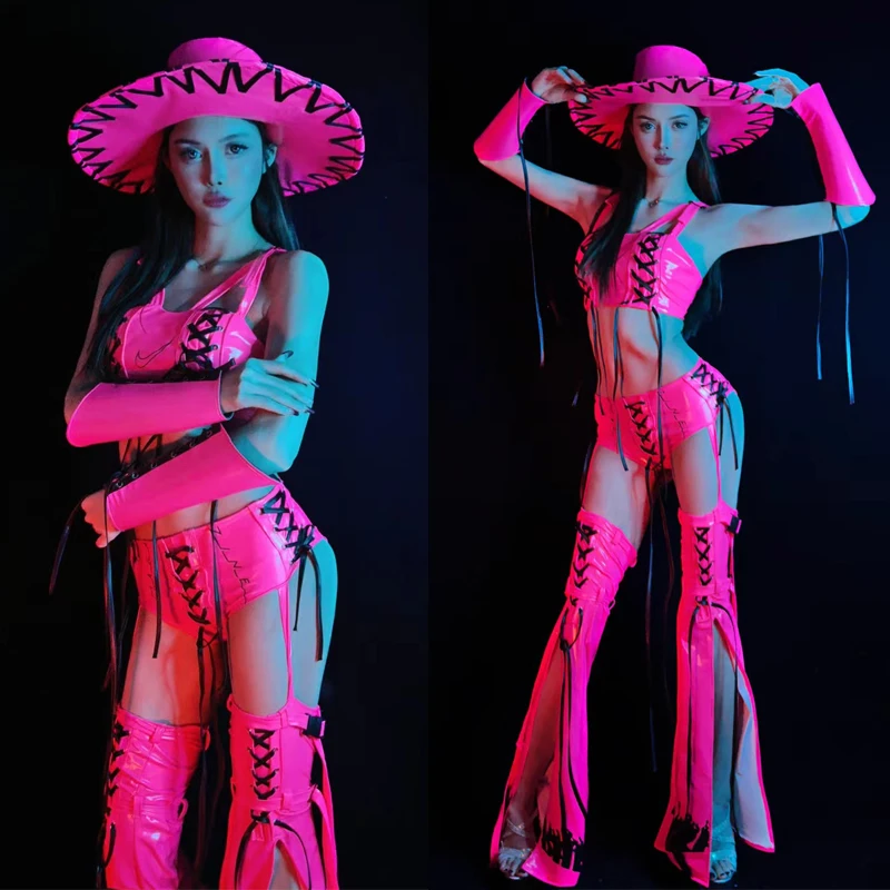 الفلورسنت الوردي الجلود الهذيان الزي مثير القطب ملابس الرقص النساء جوجو راقصة زي عرض مسرحي الهذيان الملابس كلوبوير XS7494