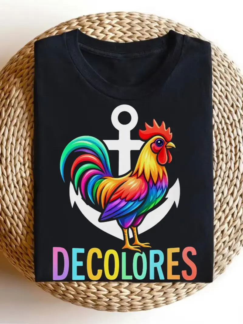 A Vibrant Rainbow Rooster Design Adorns This Catholic T-Shirt From Decolores Cursillo Perfect For Casual Wear Crew Neck Tee Gift