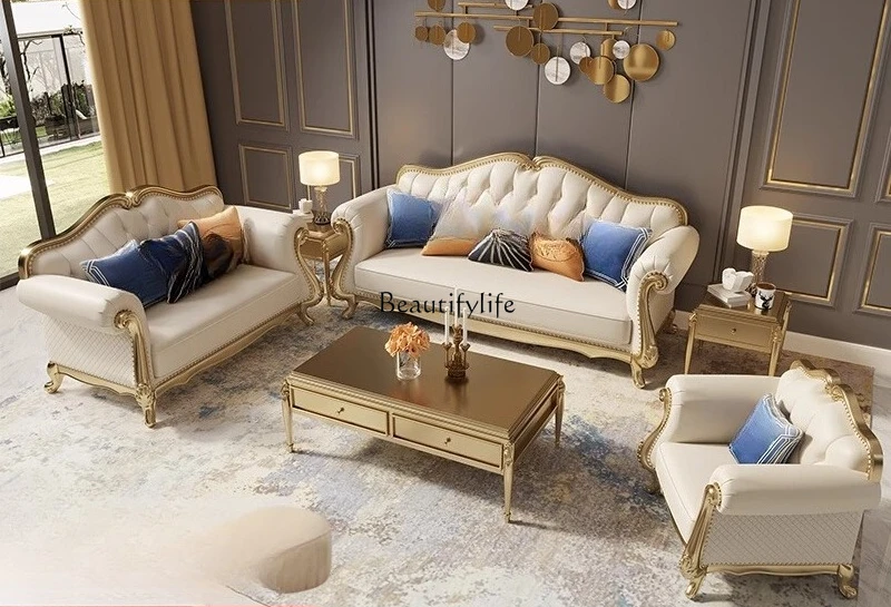 

American leather sofa light luxury European sofa solid wood high-end luxury furniture