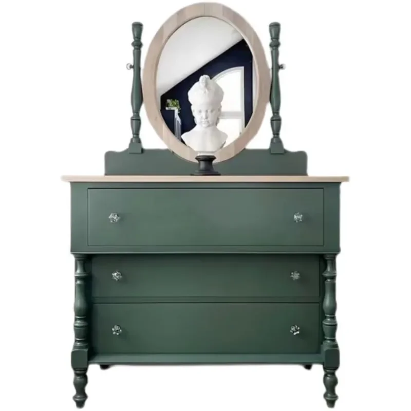 Retro makeup table light luxury bedroom solid wood small dresser Nordic style with mirror high-end makeup table green