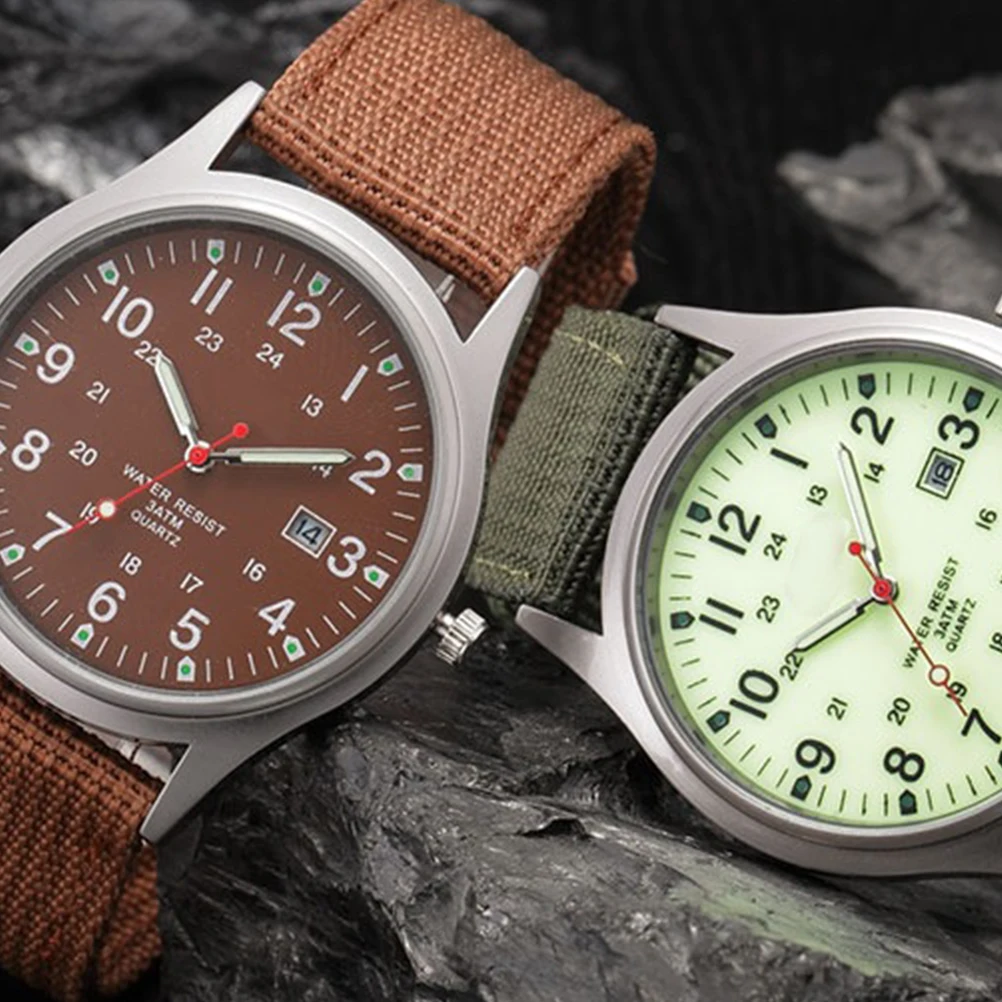 

1pc Military Style Luminous Green Watch Men'S Fashion Quartz Watch Calendar Canvas Strap Durable Male Wristwatch Light Green