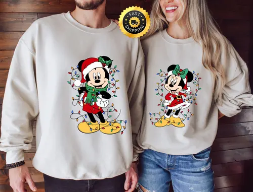 Sudadera con luces navideñas de Mickey y Minnie, jersey, camiseta familiar de Disney para parejas, ropa de gran tamaño para hombres, ropa Y2k para mujeres