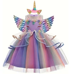 Dreamy Girl Embroidery Sleeveless Unicorn Mesh Princess Dress With Hair Hoop Wing For Kids Party Performance Birthday Gift 2-10T