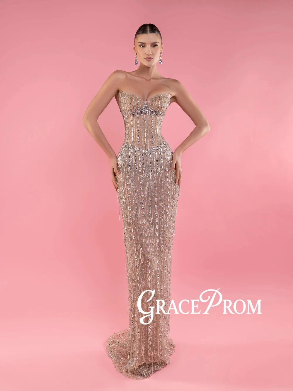 

Shimmering Crystal Illusion Evening Dress Glamorous Straight Long Wedding Party Gown Customized Luxury Beaded Red Carpet Gowns