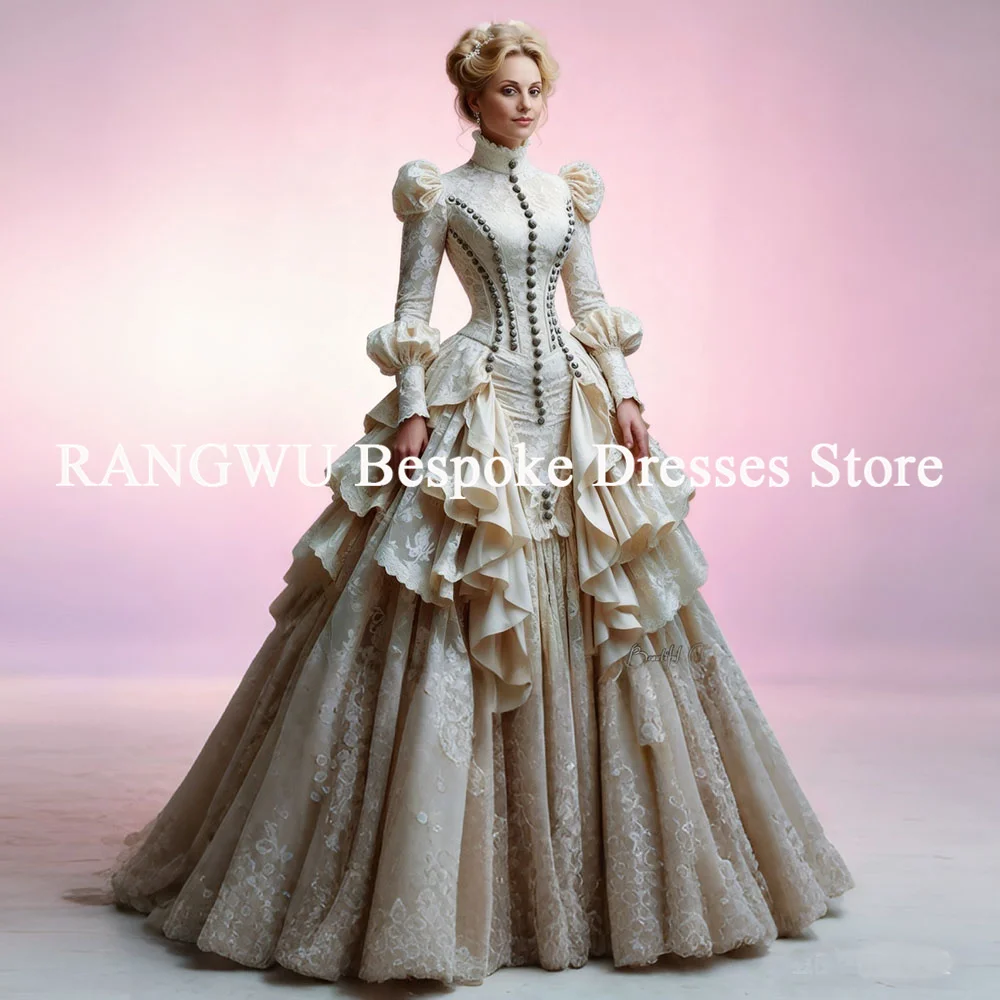 Abiti da sposa vittoriani con maniche lunghe con volant pieghettato storico abito da sposa in pizzo principessa di Halloween personalizzato