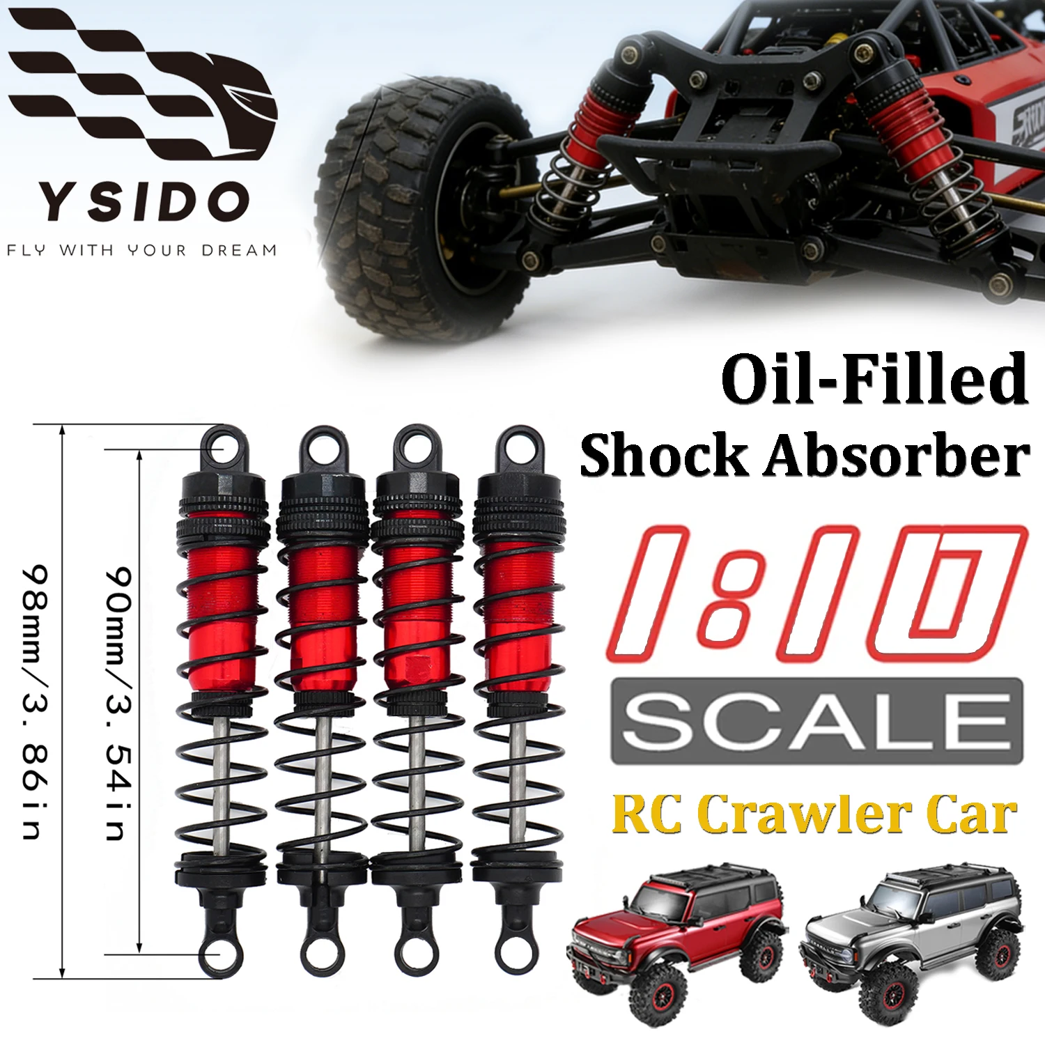 YSIDO RC Oil-Filled Shock Absorbers 98mm Adjustable Metal Damper for Redcat Axial SCX10 TRX4 1/10 RC Crawler Car Upgrade Parts