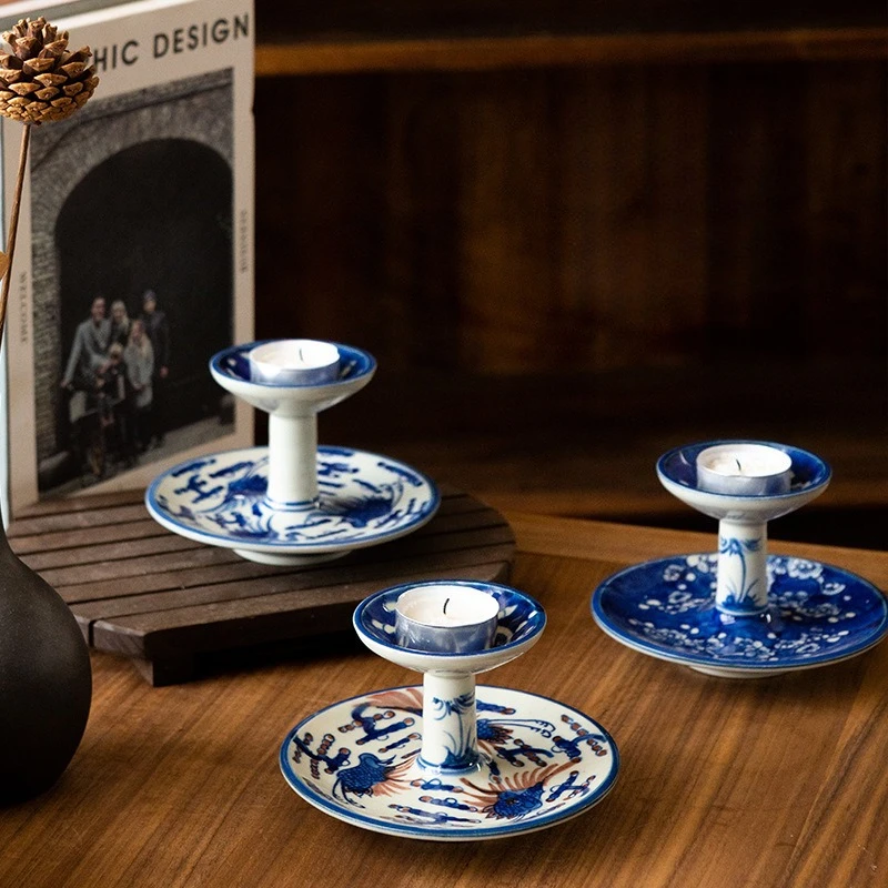 Jingdezhen antique porcelain hand-painted blue and white candle holder decoration home tea room desktop decoration candle holder