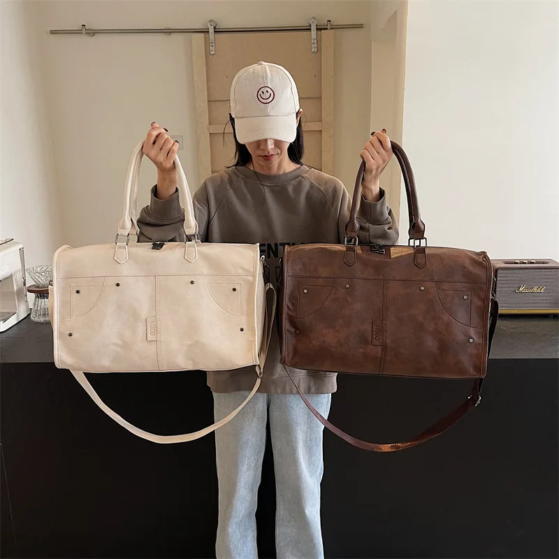 

1pc PU Leather European and American Retro Travel Bag Cylindrical Waterproof Handbag Large-capacity Luggage Bag Fitness Bag