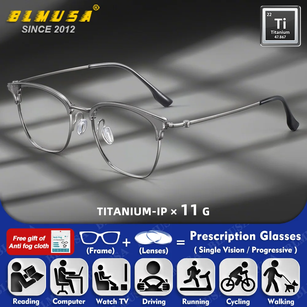 

BLMUSA (M) Casual Style Ultralight Pure Titanium Men Prescription Myopia Glasses Anti Blue Light Reading Computer Eyeglasses