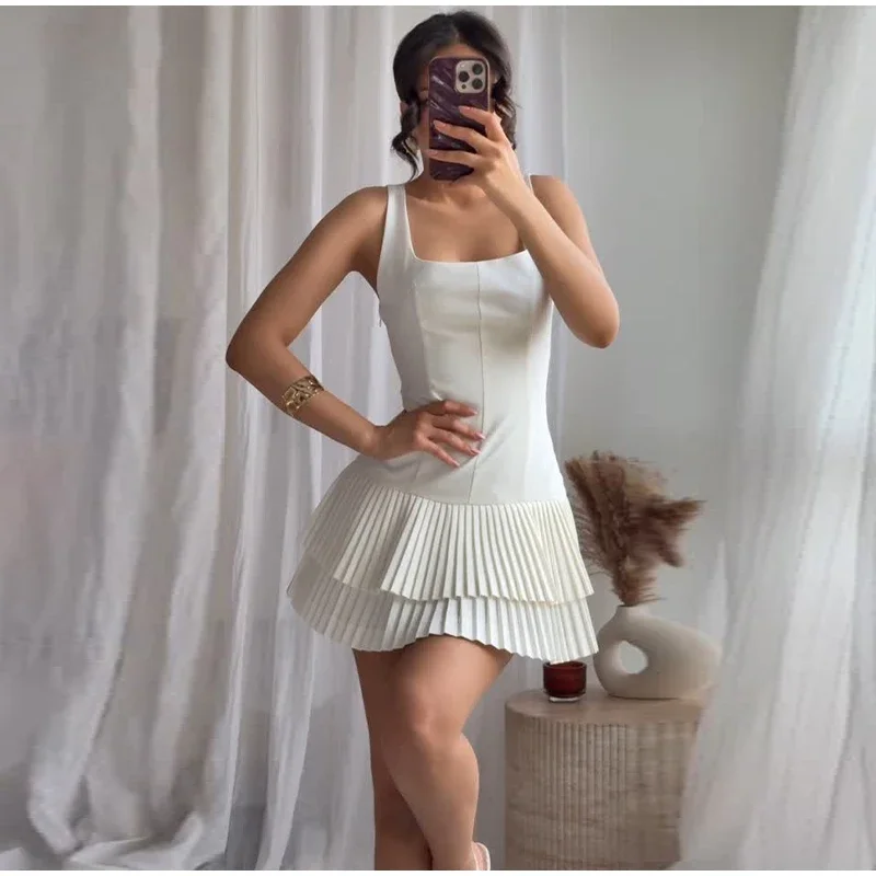 

2025 Women Layered Ruffle Hem Tank Dress Square Neck Sleeveless Pleated Short Dresses Spring Summer New Street Lady Vestidos Y2k