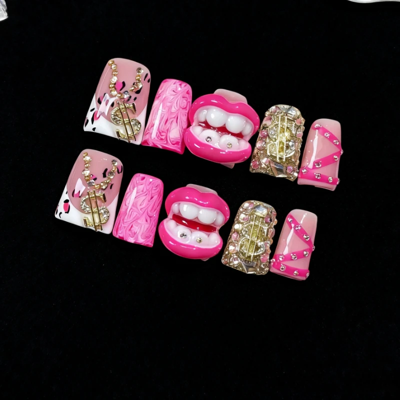 10 قطعة الصحافة اليدوية على الأظافر Y2K الشرير نمط ثلاثية الأبعاد الأسنان الشفاه تصميم منقار البط شكل شخصية الأظافر كاذبة للأزياء النساء