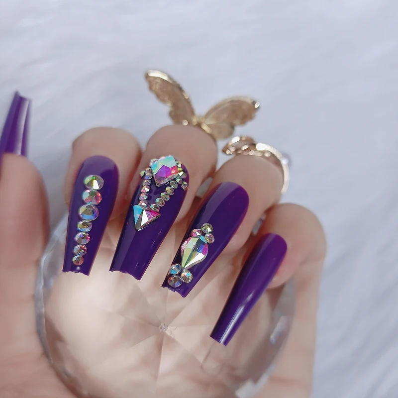 24pcs New design luxury jewelry Purple Press on nails  long ballet coffin fake nails crystal diamond High-end