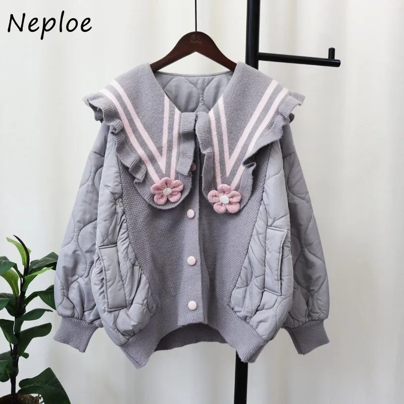 Neploe 2024 Autumn New Knitted Cardigan Sweet Loose Peter Pan Collar Cotton Tops Y2k E-Girl Long Sleeve Cardigans Mujer