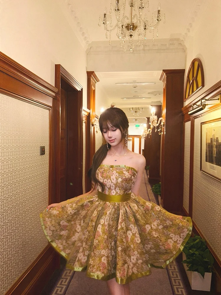 

Floral Print Evening Gown Women's Elegant Birthday Dress Silk Satin Waist Cinched Short Skirt A-Line Midi Dress