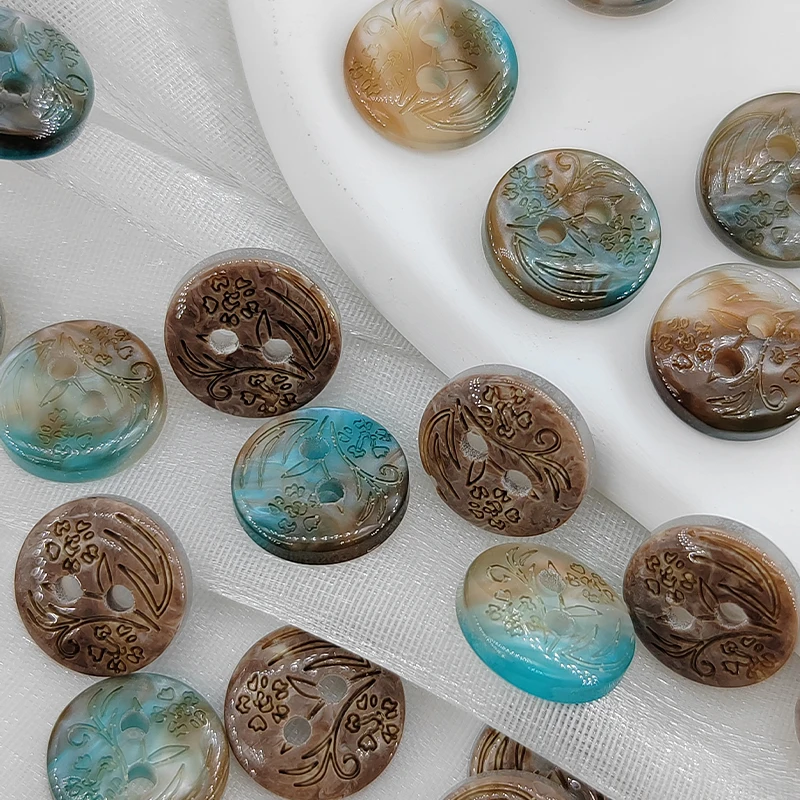 11.5MM Vintage Flower Craved Resin 2-Holes Fashion Buttons Of Clothing High Quality Blue Brown Beautiful Round Small Button DIY