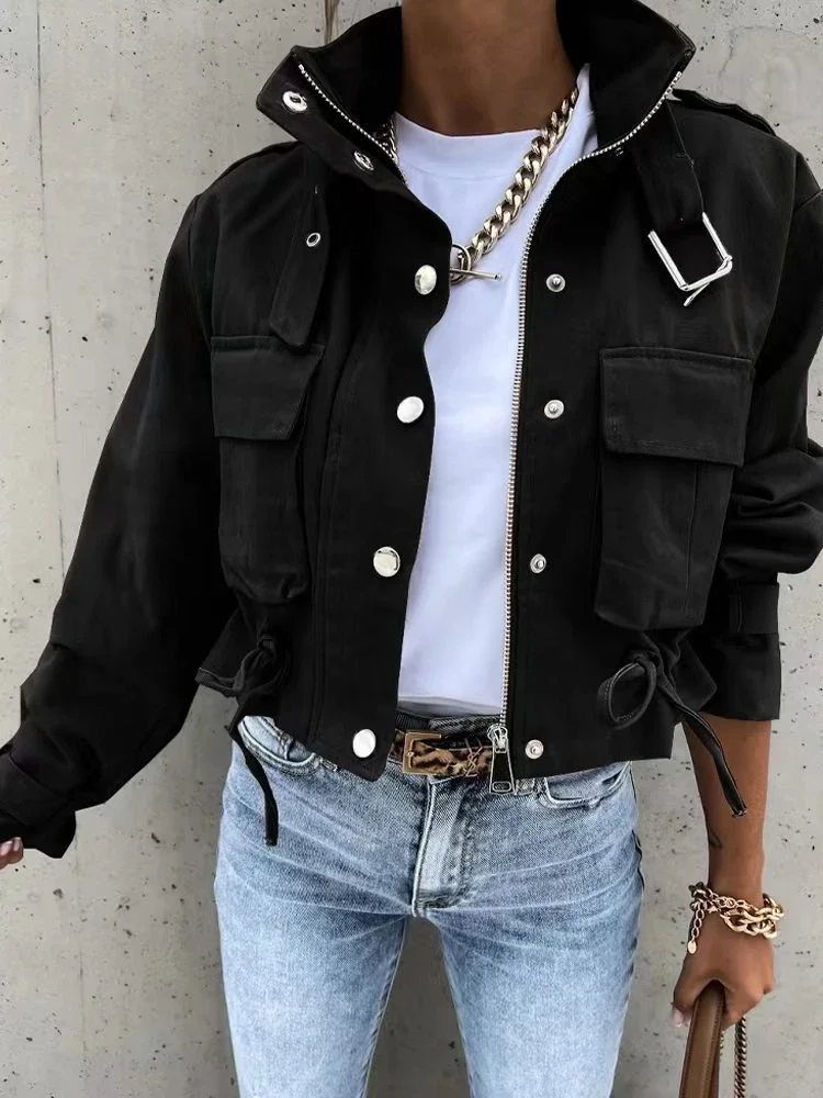 Frauen Neue Casual Langarm Kurze Jacke Damen Herbst Niet High Neck Modische Gedruckt Einreiher Jacke