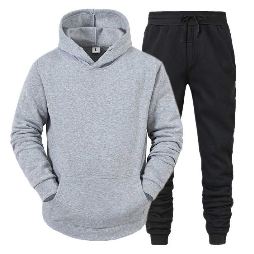 Men's 2Pcs Sports Set Solid Color Light Plate Fleece Warm Autumn Winter Hoodie Loose Sports Jumper - Image 2