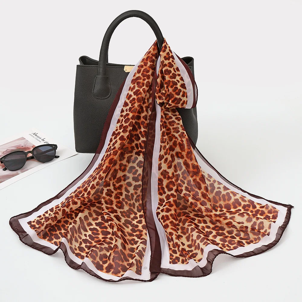 Thin Simulation Silk Scarf Leopard Print Soft Georgette Sunscreen Shawl Women Daily Matching Neck Wrap 160*50cm