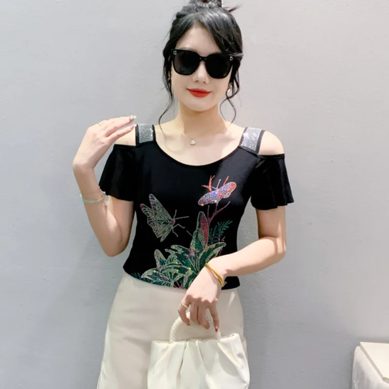 2025 صيف جديد أمريكا العلامة التجارية فراشة تصميم تي شيرت مثير قبالة الكتف لامعة زهرة الساخن الماس النساء بلايز سيدة أنيقة تيز