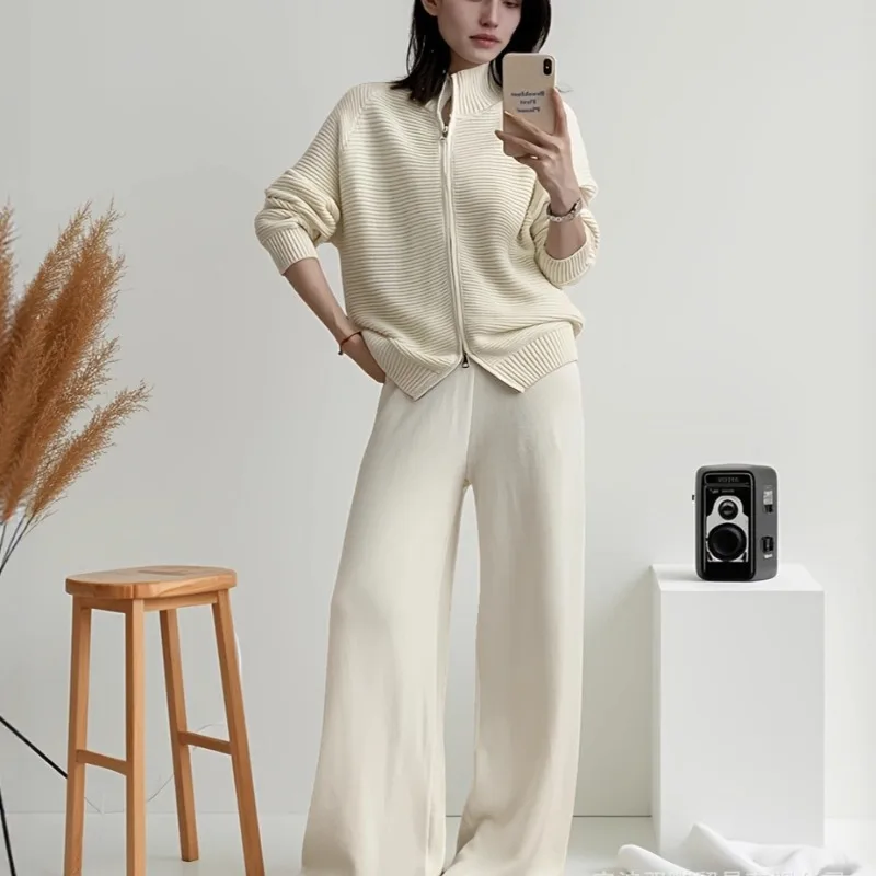 

Korean Double Zipper Mock Neck Solid Long Sleeve Knitted Cardigan+Elastic Waist Pants 2-piece Set Autumn/Winter Women's Suit New