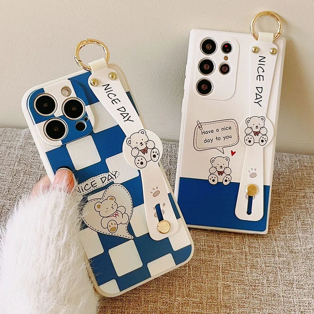 SoCouple Wrist Strap Case For Samsung S23 Ultra S24 S22 S21 S20 FE Plus Ultra Note 10 20 Cute Bear Soft TPU Phone Holder Cover