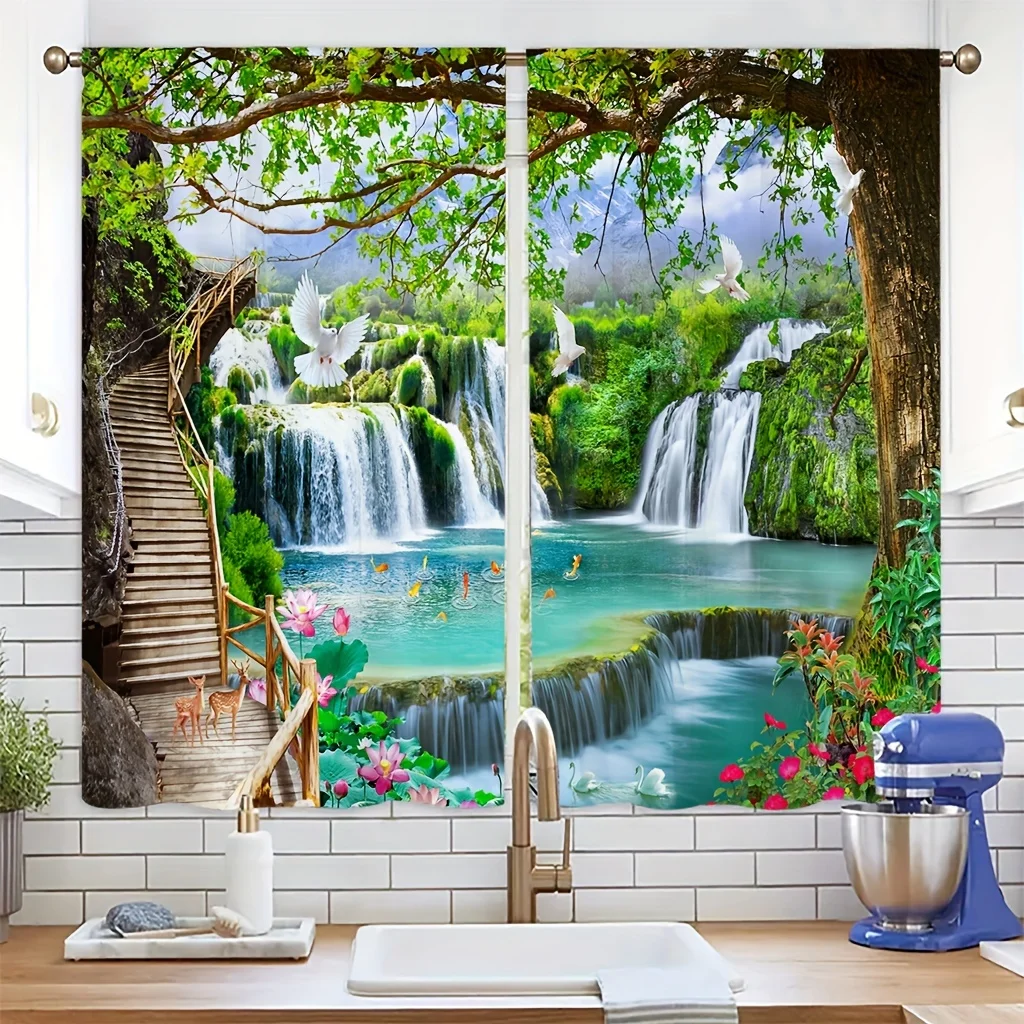 Natural Scenery 3d Print Decoration Decorative Curtains, Living Room Bedroom Kitchen Semi-Blackout Curtains 2PCS