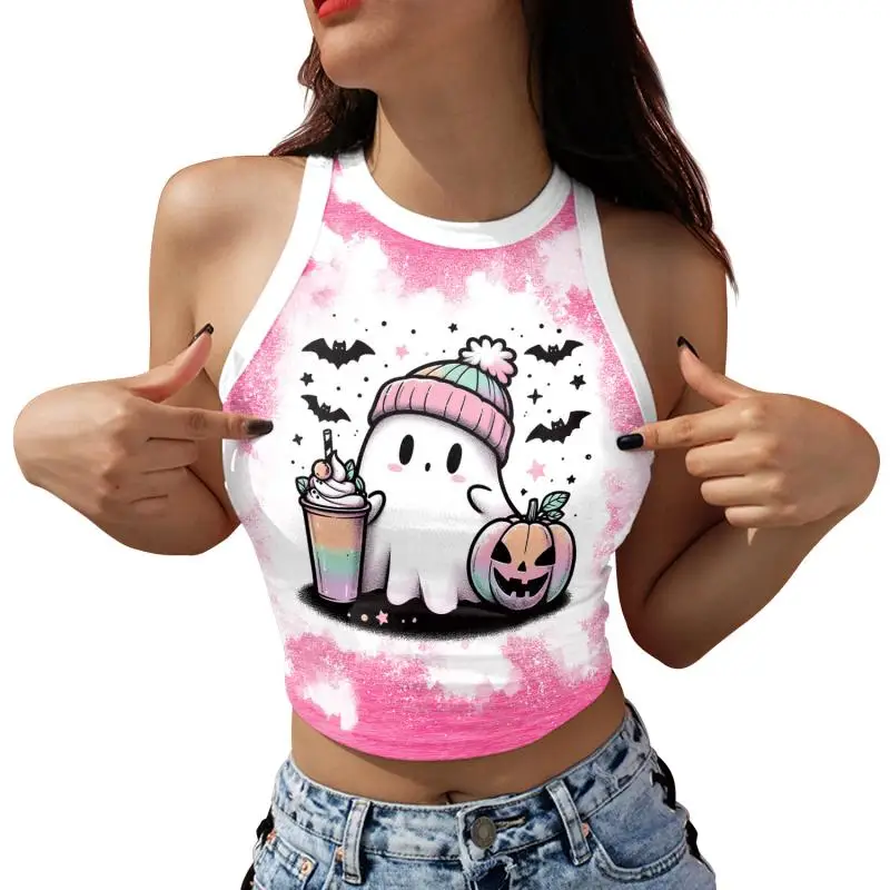 Nadanbao Damen-Crop-Top mit Geister-Kürbis-Print, kurze Weste mit Rosen-Totenkopf-Muster, sexy, schmales, ärmelloses Hemd, Halloween-Party-Top – Detail 39