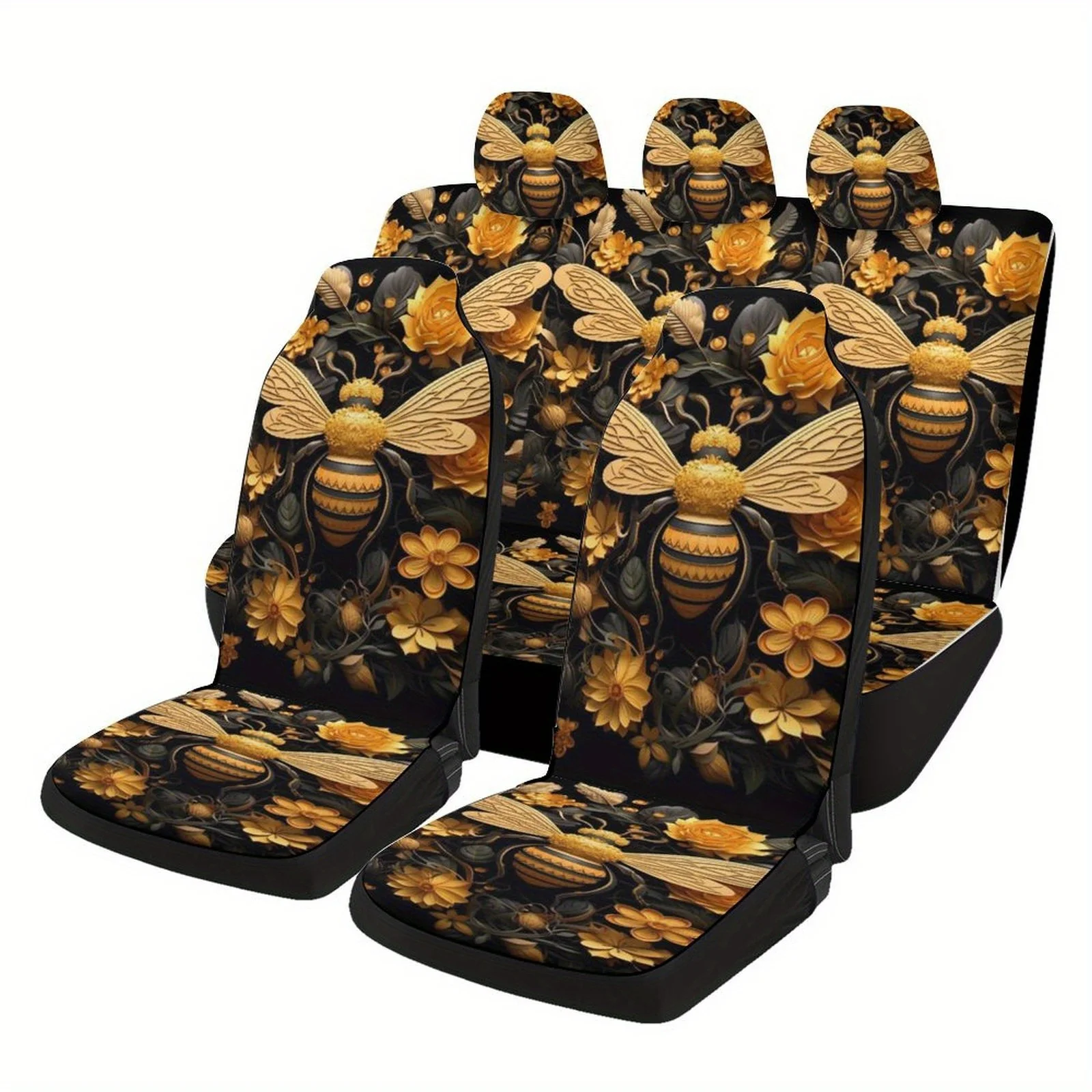 

7pcs Insect Cartoon Bee Print Car Interior Covers, Breathable And Non-Slip, Suitable For Five- Cars.